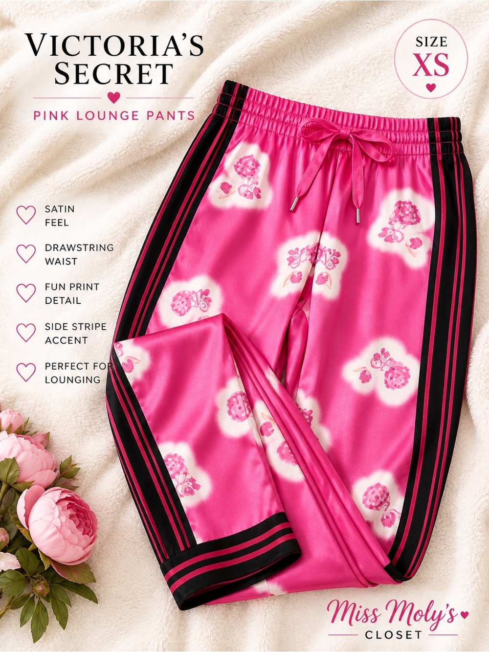 Victoria’s Secret Pink Satin Lounge Pants XS Drawstring Pajamas